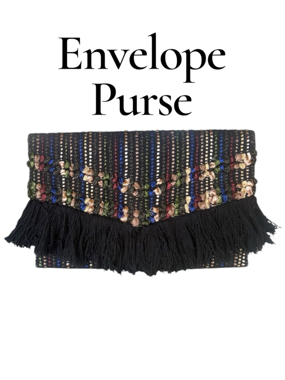 Stella & Dot Taj Envelope Purse, Clutch Noir - Black Multicolor Fringe